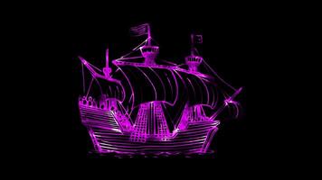 Glowing looping Thanksgiving Day Mayflower ship and Pilgrims with Native Americans. neon frame effect, black background. video