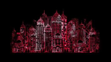 Glowing looping Diwali Day modern city skyline lit up with Diwali decorations. neon frame effect, black background. video