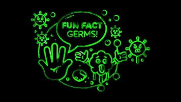 Glowing looping global hand washing fun fact bubble featuring germs and clean hands. neon frame effect, black background. video