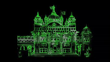 Glowing looping Diwali Day Golden Temple illuminated during Diwali. neon frame effect, black background. video
