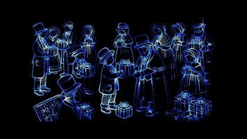 Glowing looping Boxing Day historical depiction of Boxing Day giving. neon frame effect, black background. video