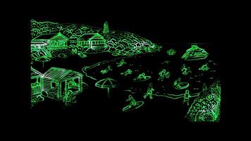Glowing looping Boxing Day Australian beach scene on Boxing Day. neon frame effect, black background. video