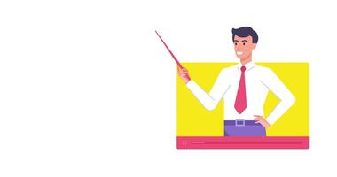 Male business coach in tie holding pointer talking at lesson online elearning remotely education flat animation. Man influencer blogger internet broadcasting studying content isolated video