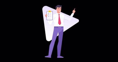 Smiling business man in red tie holding clipboard to list with checkmark pointing forefinger flat animation with alpha channel. Happy successful management male boss with control exam tasks completed video