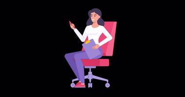 Happy woman office worker sitting armchair with clipboard and pen enjoying working flat animation with alpha channel. Smiling young brunette female successful boss employee assistant posing at chair video