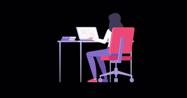 Back view female student online elearning distance education sitting desk laptop with stack of books flat animation with alpha channel. Woman freelancer working remotely browsing computer website video
