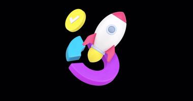 Startup analyzing business planning success development with rocket and diagram 3d icon animation with alpha channel. Innovation idea management project efficient productivity marketing chart graph video