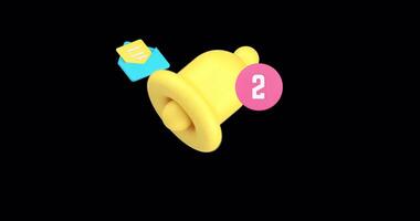 Ring bell incoming notification with number for online chat message 3d icon animation with alpha channel. Cyberspace interface alert warning badge web communication email inbox mail mailbox notice video