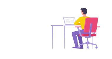 Male developer user business employee working on computer sitting at workplace in home or office flat animation. Back view focused man programmer manager surfing internet web service isolated video