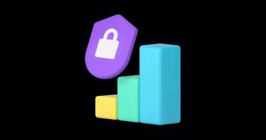 Data analyzing protection guarantee chart information management 3d icon animation with alpha channel. Database statistic graph analytics result safety business planning optimization security service video