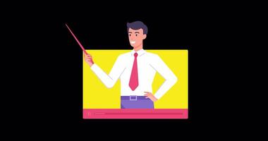 Male business coach in tie holding pointer talking at lesson online elearning remotely education flat animation with alpha channel. Man influencer blogger internet broadcasting studying content video