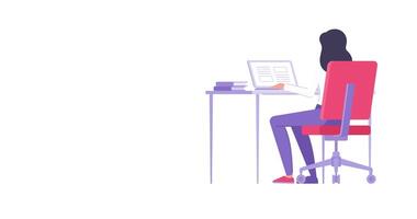 Back view female student online elearning distance education sitting desk laptop with stack of books flat animation. Woman freelancer working remotely browsing computer website isolated video