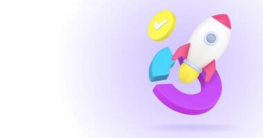 Startup analyzing business planning success development with rocket and diagram 3d icon animation loop. Innovation idea management project efficient productivity marketing chart graph video
