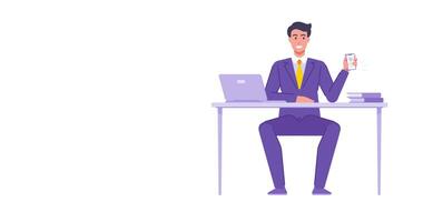 Smiling business man in tie suit showing smartphone screen application sitting at office workplace flat animation. Happy male employee mobile phone internet advertising online website video