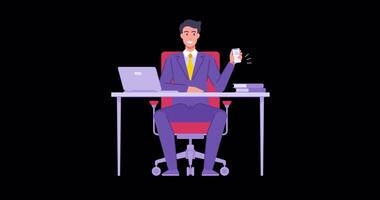 Smiling business man in tie suit showing smartphone sitting at office workplace flat animation with alpha channel. Happy male employee mobile phone internet advertising online website video