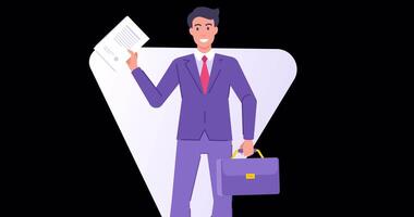 Cheerful stylish business man holding briefcase with documents greeting hand flat animation with alpha channel. Smiling male in tie suit waving welcome gesture with positive emotion video