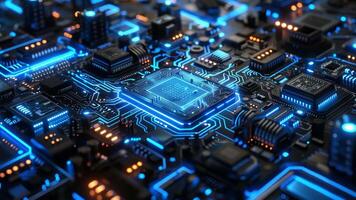 Close-up view of a glowing circuit board with blue neon lights, showcasing modern computing technology and integrated circuits. video