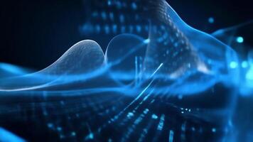 Abstract digital wave and grid with glowing blue particles. Futuristic technology and data concept. Depth of field blur effect. video