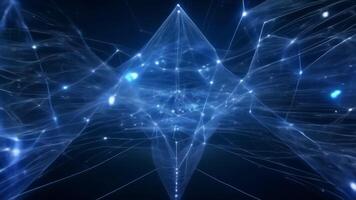 Abstract digital network with glowing lines forming geometric shapes in dark blue space. Futuristic technology and connection concept. video