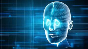 Digital human head with binary code, representing artificial intelligence and futuristic technology. Blue tones, data network imagery. video