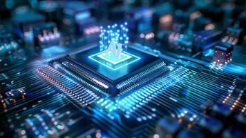 A close-up of a sophisticated AI microchip glowing with blue light, representing the cutting-edge technology and advancement in artificial intelligence hardware. video
