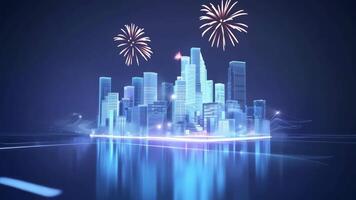 Futuristic digital cityscape with glowing skyscrapers and reflections on a dark background, representing technology and innovation. video