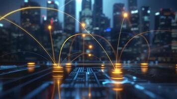 Futuristic cityscape with glowing data network connections representing advanced technology and digital communication. video