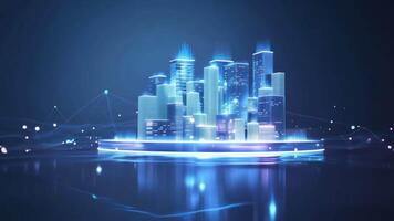 Futuristic cityscape with glowing digital buildings, reflecting on water, representing advanced technology and modern urban development. video