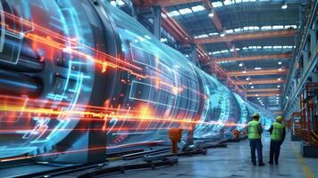 Engineers inspecting a high-tech, digitally enhanced manufacturing facility with advanced machinery and futuristic overlay graphics. video