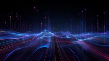 Dynamic abstract digital wave with colorful lights and lines, representing data flow and futuristic technology in a dark background. video