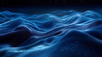 Abstract digital landscape with blue glowing particles representing futuristic technology and data visualization. High-tech 3D grid pattern. video