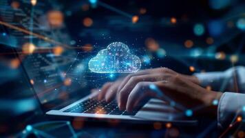 An innovative image depicting the concept of cloud computing. Hands typing on a laptop keyboard with a glowing digital cloud above, surrounded by interconnected network nodes and data points. video