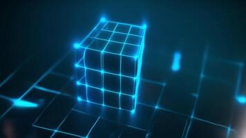 Futuristic digital cube structure with glowing blue connections on a grid background, representing technology and innovation. video