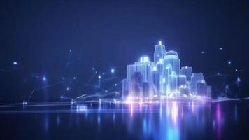 Futuristic digital cityscape at night with glowing skyscrapers and waterfront. Advanced technology concept with a blue luminous skyline. video