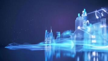 Futuristic cityscape with digital technology, holographic skyscrapers, and network connections, representing smart city and innovation concepts. video