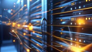 Close-up of data center servers with glowing connections, showcasing modern technology and high-speed internet networks. video