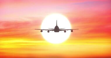Airliner flight in front of the sun with atmospheric distortion. Large passenger airplane against of sunset video