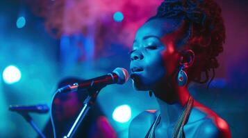 A close-up shot of a professional female singer passionately performing with a microphone on stage photo