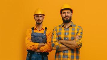 A construction worker standing proudly in front of a solid color background photo