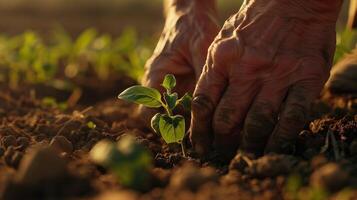 A close-up shot of weathered hands gently planting a seedling in a vibrant regenerative agriculture field, reminiscent of classical landscape paintings photo