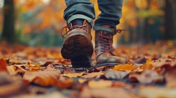 A close-up shot of leather boots walking on a path covered with fallen leaves in an autumn park photo