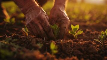 A close-up shot of weathered hands gently planting a seedling in a vibrant regenerative agriculture field, reminiscent of classical landscape paintings photo