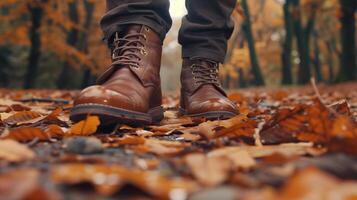 A close-up shot of leather boots walking on a path covered with fallen leaves in an autumn park photo