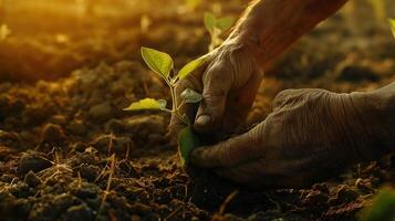 A close-up shot of weathered hands gently planting a seedling in a vibrant regenerative agriculture field, reminiscent of classical landscape paintings photo