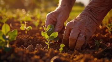 A close-up shot of weathered hands gently planting a seedling in a vibrant regenerative agriculture field, reminiscent of classical landscape paintings photo