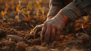 A close-up shot of weathered hands gently planting a seedling in a vibrant regenerative agriculture field, reminiscent of classical landscape paintings photo