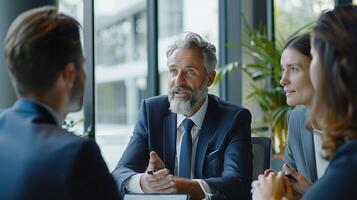 un confidente financiero tutor explicando inversión opciones a atento clientela en un pulcro, profesional oficina ambiente foto