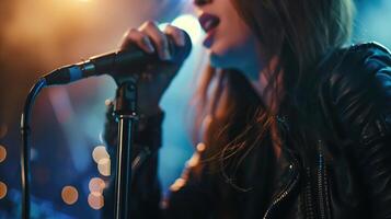 A close-up shot of a professional female singer passionately performing with a microphone on stage photo