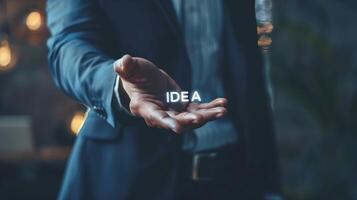 A close-up of a businessman's hand gesturing with IDEA written on the palm photo