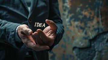 A close-up of a businessman's hand gesturing with IDEA written on the palm photo